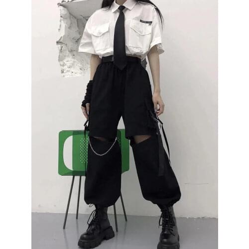 HOUZHOU Gothic Streetwear Womens Cargo Pants with Chain Punk Techwear Black Oversize Korean Fashion Wide Leg Trousers 2021 Alt