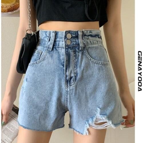 Genayooa Summer Jean Shorts Women Casual Loose High Waist Shorts Ripped Denim Shorts Blue Sexy Shorts Korean Style Hot