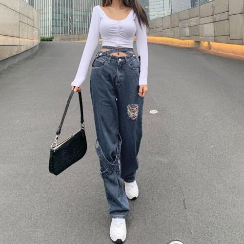 2021 Hole Ripped Jeans for Women Mid Waist Straight Leg Baggy Woman Jeans Sexy Hollow Out Vintage Streetwear Cargo Pants Spring