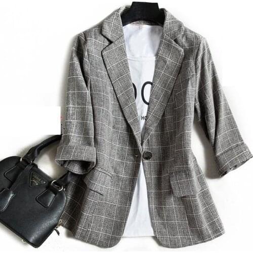 2021 Free Shipping New Fashion Women Autumn Coat Seven Sleeve Plaid Suit Jacket Notched Pink Blue Blazer Feminino Designer Coats