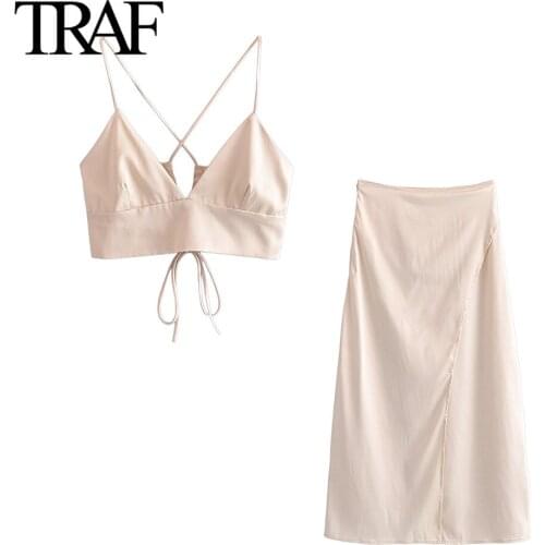 Traf Za Women Fashion Sexy V-neck Bandage Vest High Waist Satin Skirt Suit Office Lady Two Piece Set Mujer