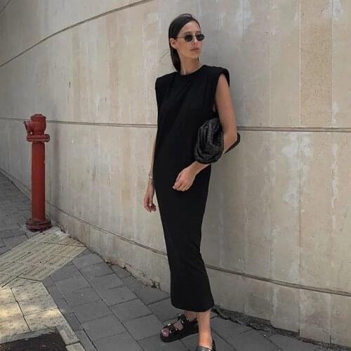Black Casual Shoulder Padded Sleeveless T Shirt Dress Women Ladies Cotton Long Dress 2021 New Summer England Split Loose Dresses