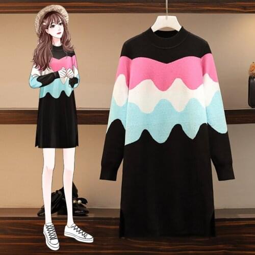 EHQAXIN Plus Size Womens Knitted Dresses Autumn Winter New Round Neck Hit Color Long-Sleeved Loose Sweater Dress Female M-3XL