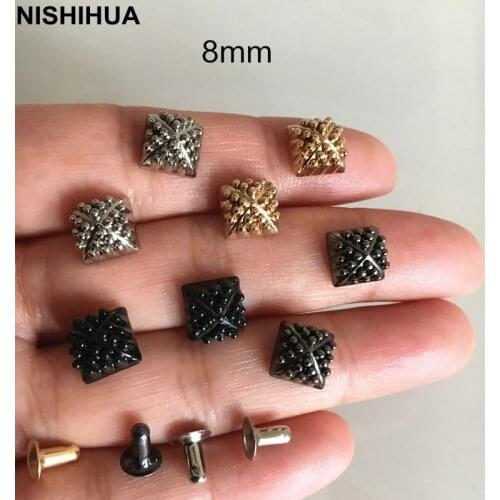 100 set - 8mm Square Metal Spike Stud Rivets Gold Silver Black Plating Alloy Rivets For Clothing hats bags shoes DIY Repair