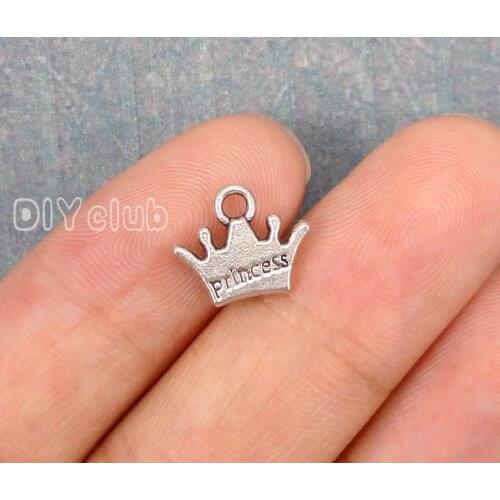 100pcs-Antique Silver 2 Sided Princess Crown Charms Pendant 13x10mm