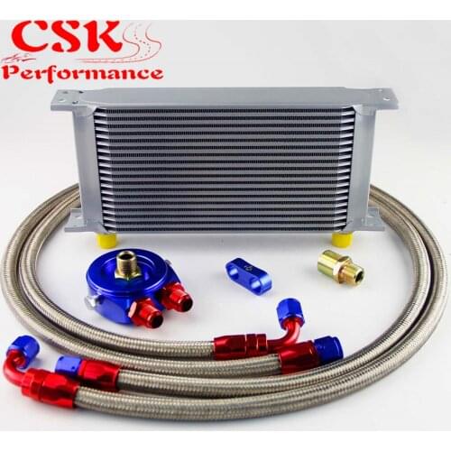 AN8 19 Row 248mm Universal Engine Transmission Oil Cooler British Type + Aluminum Filter Hose End Kit Black/Blue