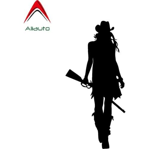Aliauto Personality Car Sticker Interesting Cowgirl with Gun Hat Western Silhouette Decoration Vinyl Reflective Decal,16cm*7cm