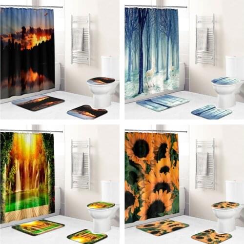 Four Seasons Plant Printing Waterproof Fabric Bathroom Accessories Shower Curtain Cover Non-slip Carpet Bathroom Cover Bath Mat