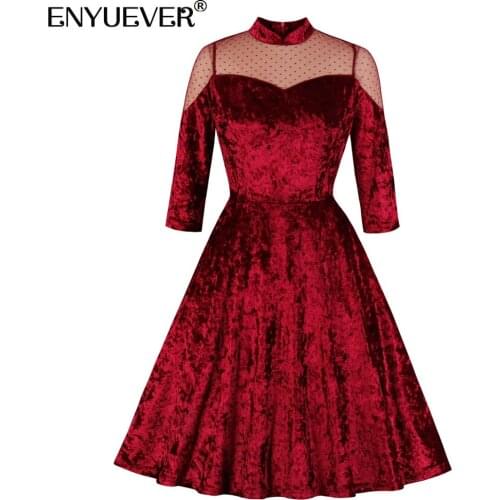 Enyuever Elegant Women Velvet Dress Autumn Vintage Clothes Sleeve Mesh Stand Collar Robe Pinup Swing Burgundy Formal Party Dress