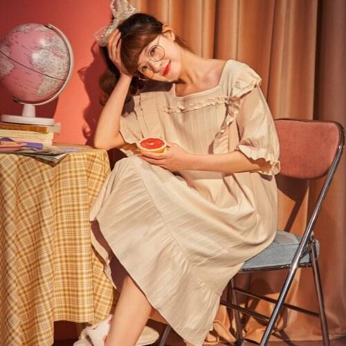 Korean Vintage Lace Beige Cotton Womens Long Nightgowns Sweet Sleepwear Elegant Female Summer Night Dress Short Sleeve Homewear