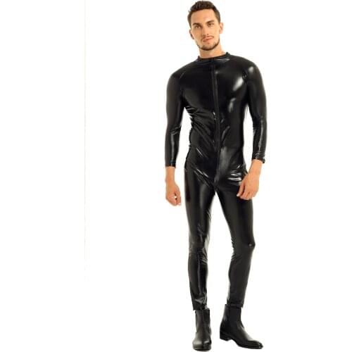 Men Black Sexy PVC Latex Jumpsuit Fetish Open Crotch Zipper Catsuit Faux Leather Bodysuit Play Clothes Game Uniforms