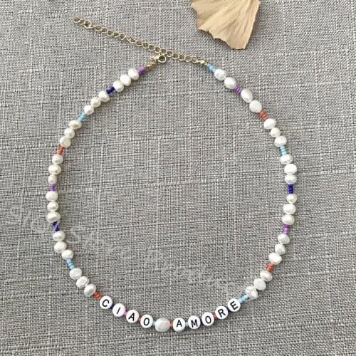 2021New Fashion Jewelry Handmade Pearl Beads Necklace Porcelain Multi-colored Mix And Match Style Letter Beaded Lady Choker