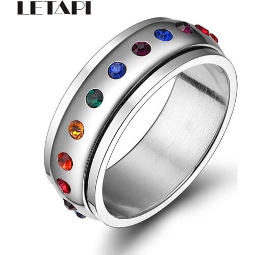 LETAPI 2021 New Fashion Rotating Spinner Ring for Women Rainbow Crystal Silver Color Stainless Steel Wedding Ring Wholesale