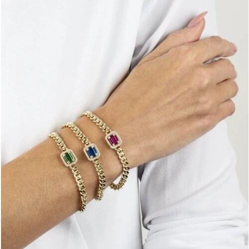 2021 NEW Rainbow colorful Geometric square cz paved Cuban Link Chain Gold Color Fashion bracelet for women charm hip hop jewelry