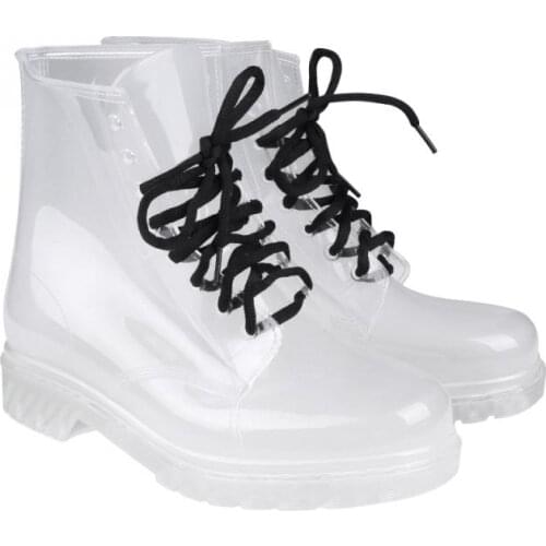 New Fashion Women Flat Transparent Clear Rubber Rain Boots Lace Up Ankle Boots Women Footwear Fashion Girls Boots For Female