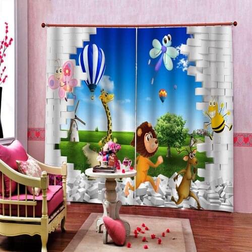 New Custom large 3D Curtain cute Cartoon animal world brick childrens bedroom Half Blackout Window Drapes 2 Panels With Hooks