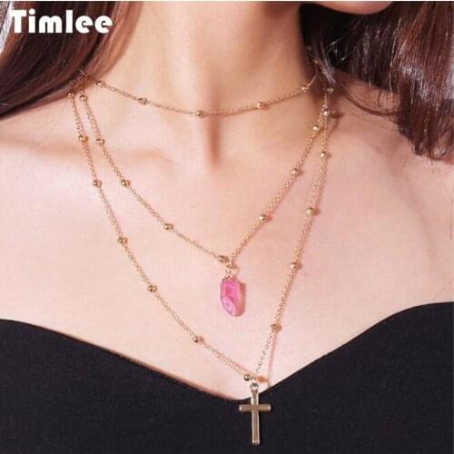 Timlee N075 Free shipping,Metal Cross Multicolor Natural Stone Necklace Multi-layer Clavicle Necklace Metal Necklaces Wholesale