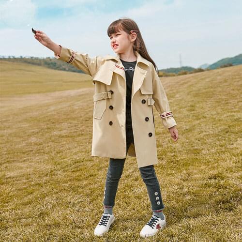 Kids Baby Girl Khaki Navy Trench Coat 2021 New Autumn Winter Belt Double-Breasted Fashion High-grade Teenage Long Windbreaker