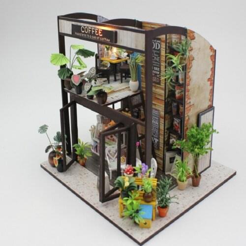 Hot Sale Lover Gift Diy Coffee Doll House Miniature Furniture House Toys for Children Wooden House Toys Building Model JHZQW072