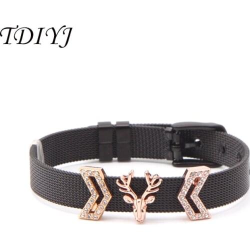 TDIYJ Natural Dear Head Arrow Keeper DIY Stainless Steel Mesh Slide Charms Black Bracelet 1Set