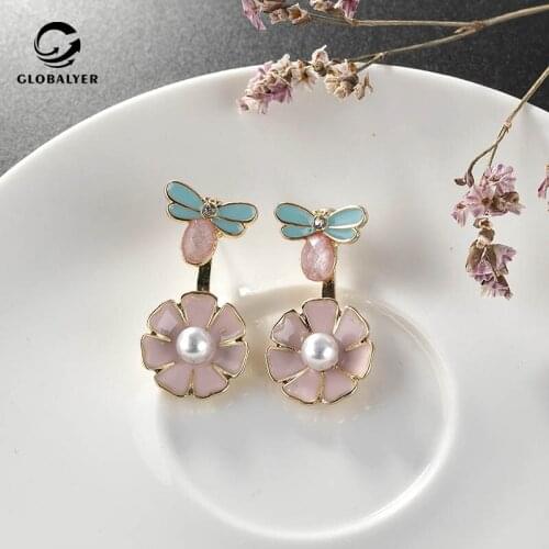 Tibetan Silver needle Korean small fresh fairy color flower earrings Female cute fun butterfly earrings Double wear 146