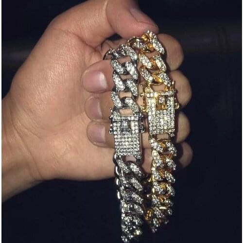 Vintage Men Hip Hop Gold Bracelets Jewelry Rhinestone Crystal Iced Out Chain Bracelets Miami Cuban Link Chain Bracelet Gift