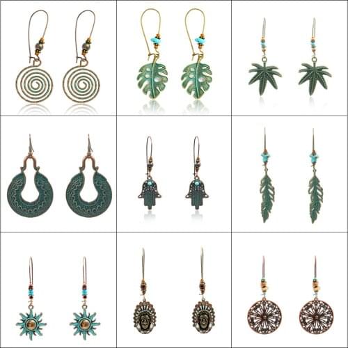 Vintage Earrings for Women Metal Spiral Indian Leaves Leaf Palm Hanging Dangle Earrings Drop Earrings Bohemia Brincos Oorbellen