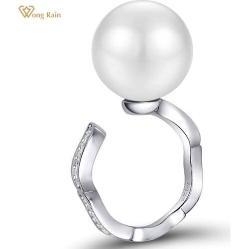 Wong Rain 100% 925 Sterling Silver 14 MM Pearl Created Moissanite Gemstone Wadding Party Simple Open Ring Fine Jewelry Wholesale