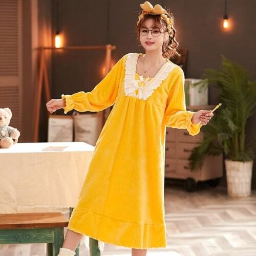2021 Winter Sweet Lace Princess Long Sleeve Thick Warm Flannel Nightgown for Women Coral Velvet Sleepwear Night Dress Nightdress