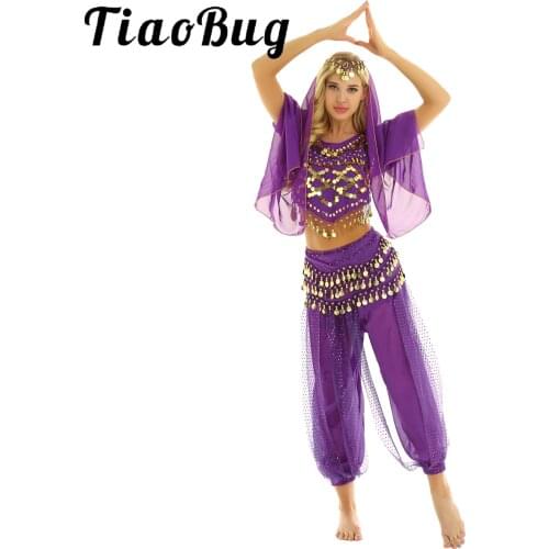 TiaoBug Women Halloween Carnival Egypt Belly Dance Costume Bollywood Indian Dancing Dress Stage Performance Chiffon Sari Sets