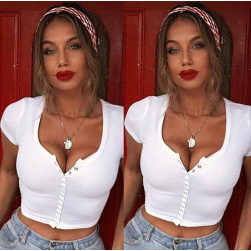 Women Summer Sexy Ladies Solid Short Sleeve Crop Top Button Vest Halter Tank Tops T-Shirt