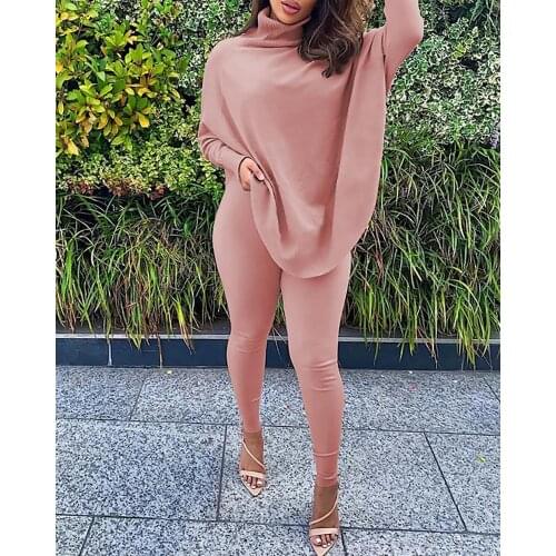 2020 Autumn Spring Women Casual Solid Fashion High Neck Long Sleeve Suit Sets Plain Batwing Sleeve Top & Skinny Pants Set