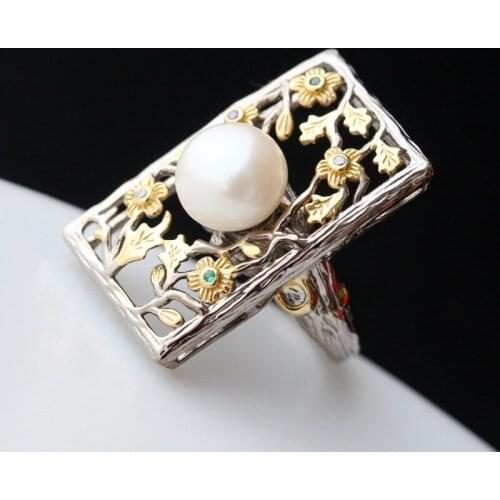 Inlaid natural pearl Thai silver ring 925 sterling silver wide face index finger female ring