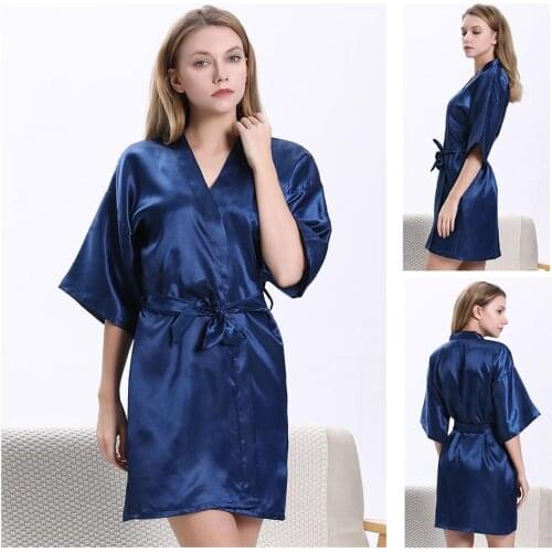 Women Summer Solid Color Breathable Silk Ice Silk Midi Dress Bath Robe Waist Belt Sleepwear