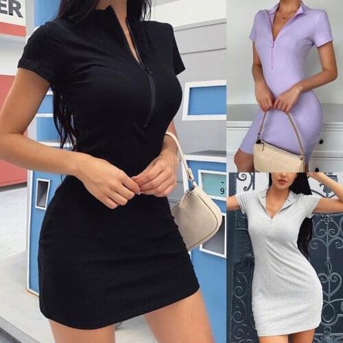 Womens Summer Short Sleeve Turtleneck Bodycon Mini Dress Half Zip Up Neon Solid Color Ribbed Knitted Package Hip Party Clubwear