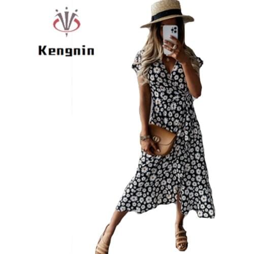 2021 Summer Dress Women European Style Ladies Print Daisy Vestidos Dress V Neck Sexy Bohemian Femlae Clothing Dress KE1233