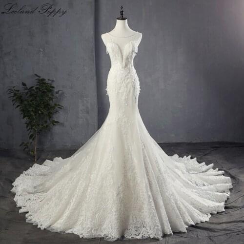 Vestido de Noiva Womens Mermaid Wedding Dresses 2020 Lace Appliques Floor Length Pearls Beaded Bridal Gowns with Tassel