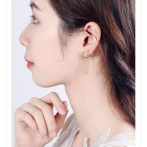 1 Pcs Golden/Silver Color Double Piercing Ear Handcuff Chain Earrings Hoop Bohemian Link Chain Tassel Zircon Earring For Women