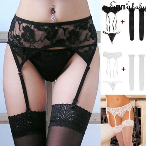 2019 Sexy Women Lingerie Lace Underwear G-string+Garter Belt+Stockings 3Pcs Sets Fashion Ladies Lace Flowers Underwear