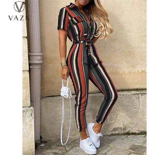 VAZN 2021 Striped Short Sleeve Chic Ladies Slim V-neck Shinny Sexy Lady Women Party Beach Jumpsuits Full Pant Bandage Rompers