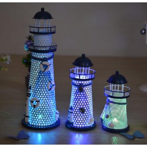 3 Size Flash Ocean Metal Ornaments Iron Lighthouse Mediterranean Figurine Creative Gift Home Wedding Decoration Crafts