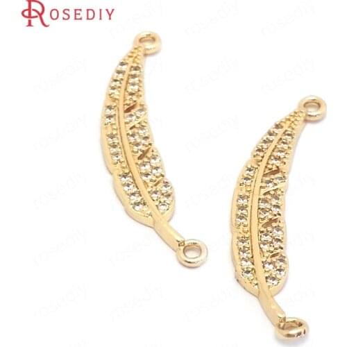 39559)6PCS 9x31MM 24K Gold Color Brass and Zircon 2 Holes Feather Charms Pendants Jewelry Making Supplies Diy Accessories