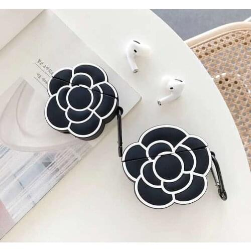 3D Camellia Flower Design Wireless Earphone Case with Key Chain for Airpod Pro Womens Fashion Silicone Cover for Airpods 1/2