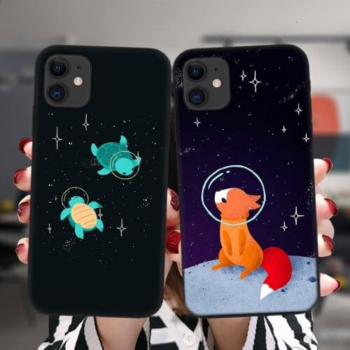 Black Phone Case For iPhone 12 11 Pro XS Max 6 6S 8 7 Plus X XR 5S SE 2020 12Mini Space Turtles Koalas Foxes Soft Silicone Cover