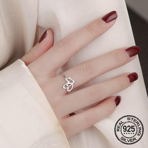 Double Heart Rings Opening Adjustable S925 Silver For Women Korean Fashion Vintage New Creative Girlfriend Gift Jewelry INEFFA