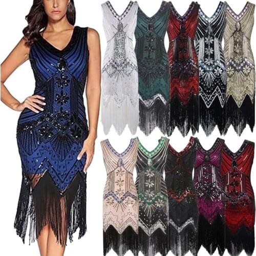 FEECOLOR Vintage Dinner Party V-Neck Sequin Small dress Fashion Fringed Beaded Prom Sexy