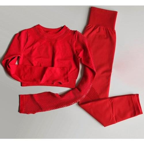 2 Piece Women Seamless Yoga Suit Hollow Out Sport Suits Fitness Clothing Long Sleeve Crop Top+High Waist Sport Leggings Gym Set