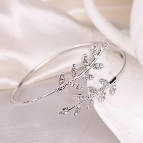 Fashion Simple Opening Adjustable Metal Leaves Charm Cuff Bangles Bracelets Korean Fashion Jewelry Rhinestones Bracelet Women