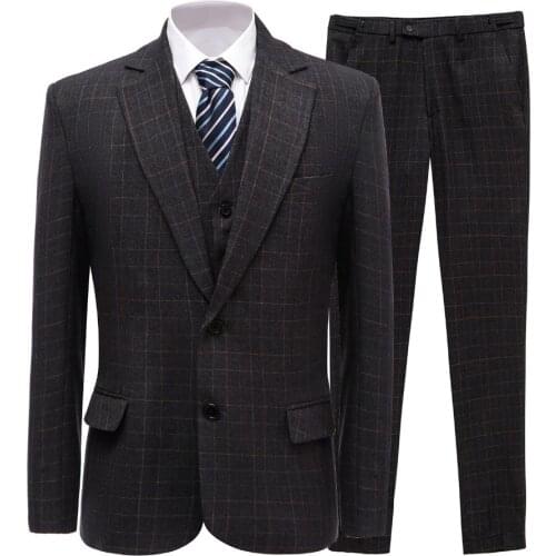 Mens Suits With Pants Slim Fit 3 Pieces Business Groom Plaid Jacket Tuxedos Blazer Grey Suits for Wedding Prom Evening Groomsmen