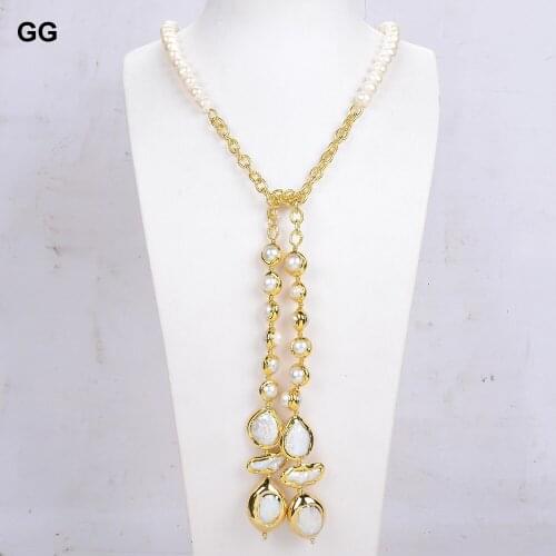 GuaiGuai Jewelry Bezel set White Keshi Pearl Chain Long Necklace For Women 52